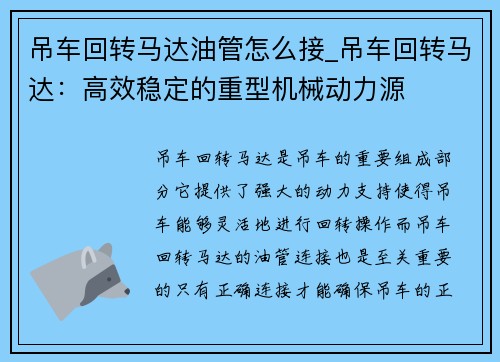 吊车回转马达油管怎么接_吊车回转马达：高效稳定的重型机械动力源